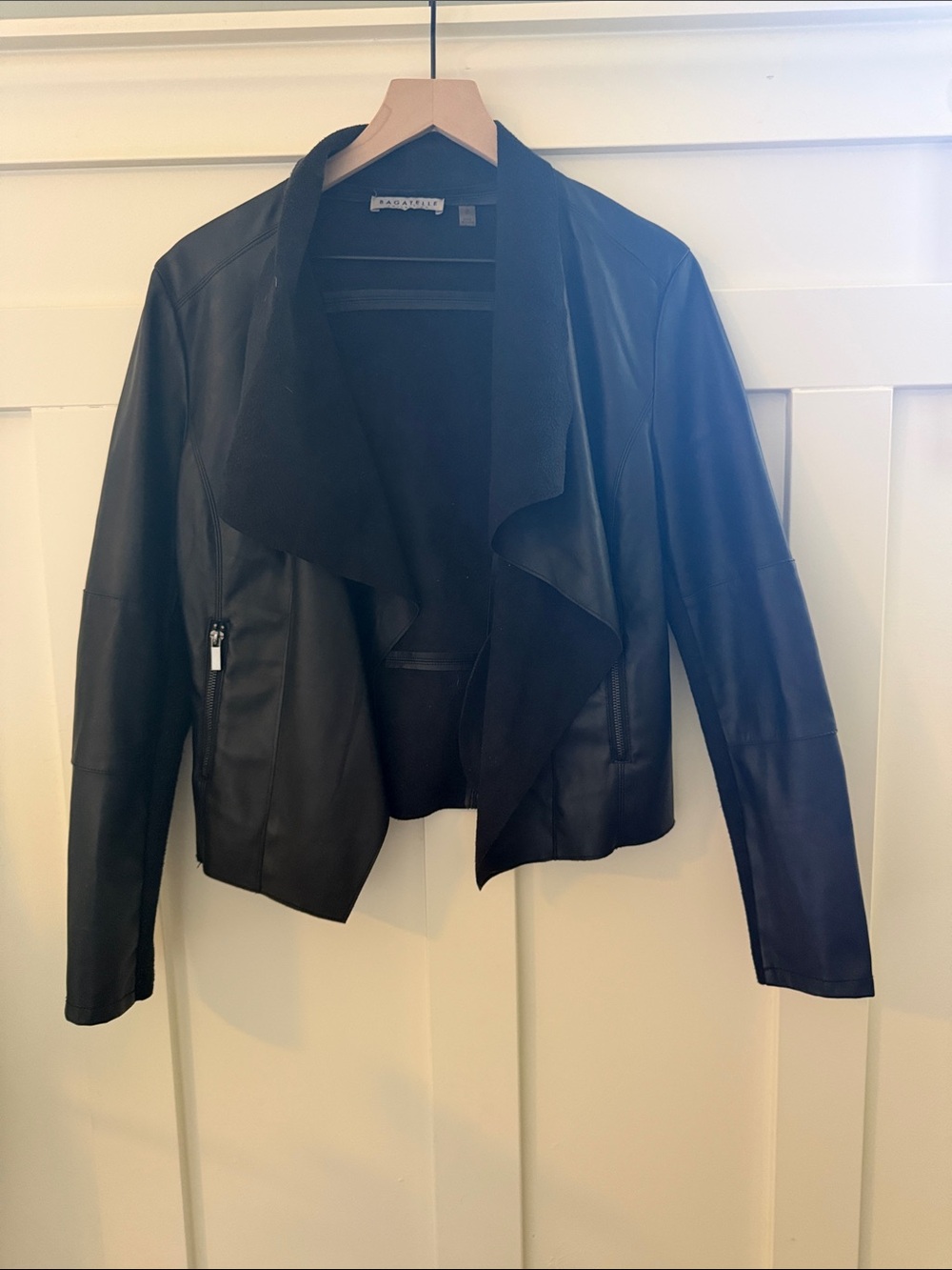 Bagatelle Black Draped Faux Leather Open-Front Jacket
